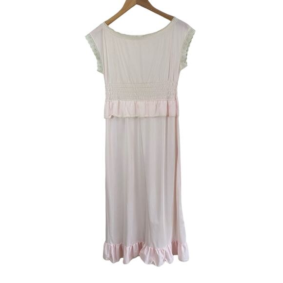 Vintage Her Majesty Blush Pink Smocked Ruffle Nightgown Satin Slip Chemise - Picture 2 of 13